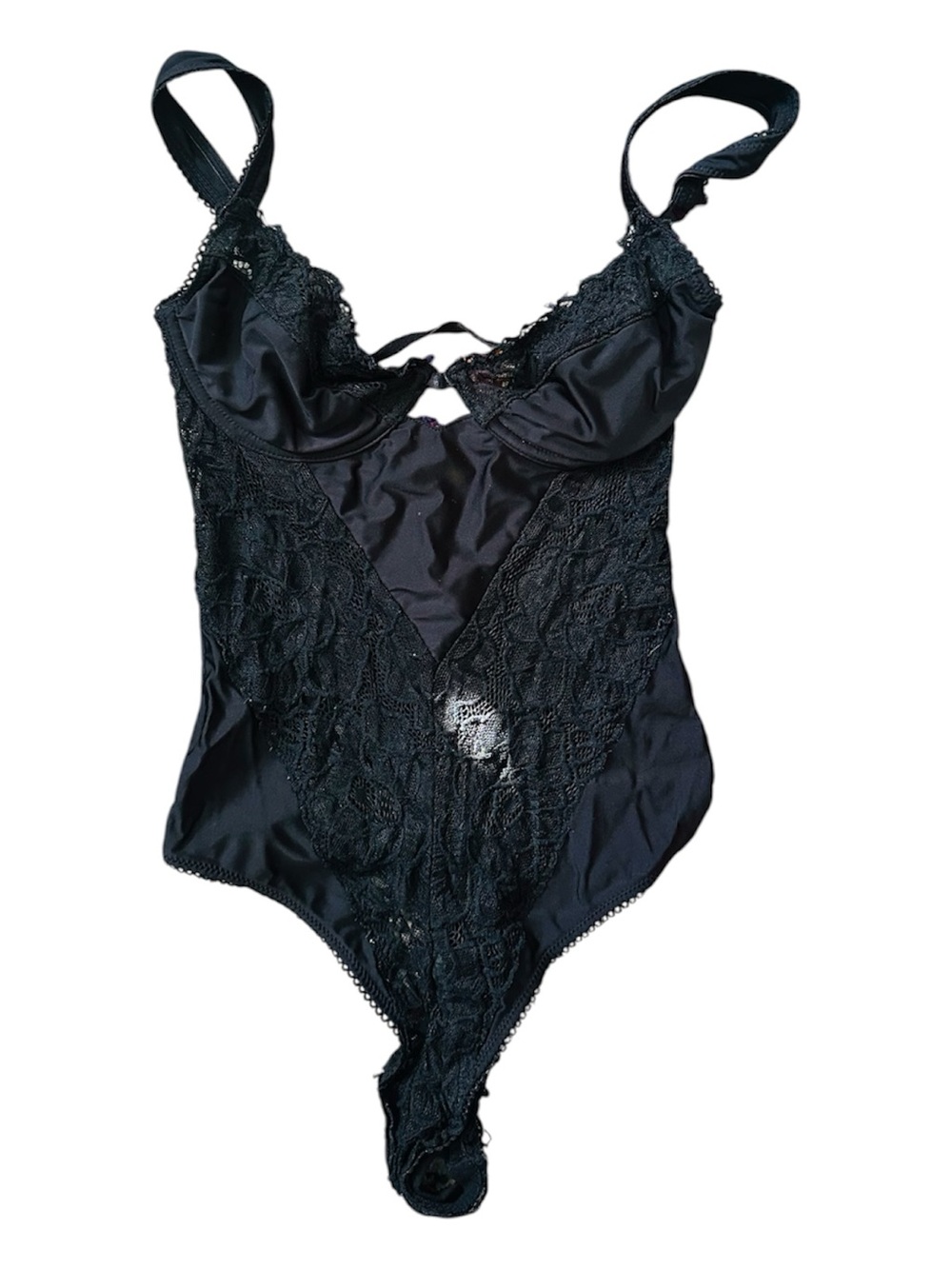 Black Lace V-Neck Bodysuit with Underwire Cups